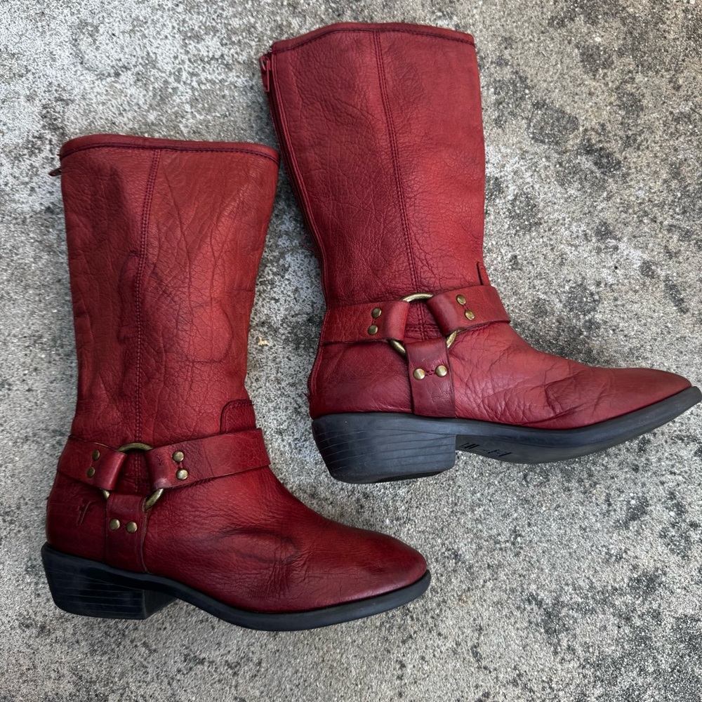 Girls Frye leather harness boots size 1 red burgundy cowgirl western